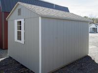 10x12 Front Entry Peak Style Storage Shed with Light Grey Engineered LP Smart Side Siding, White Trim, Back Window, and Gable End Vents