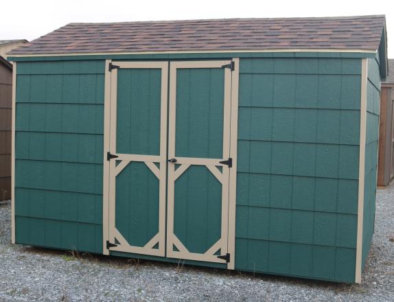 Pine Creek 8x12 Peak Cut Lap with Hunter Green walls, Clay trim and, Brown shingles